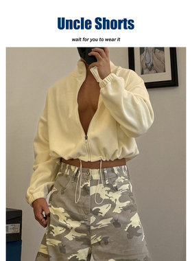 Uncle Shorts摇粒绒短款卫衣男士美式复古运动休闲服抽绳立领外套