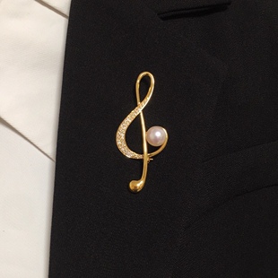 音符胸针黄18k金镶钻akoya珍珠 精致设计奢华气质胸花 超文艺范儿