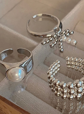 小众设计冷淡风珍珠圆珠戒指女时尚复古个性气质宽食指环2023新款