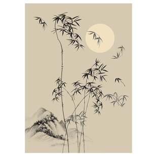 宋代美学中国风复古艺术水墨竹子圆月装饰画打印画芯贴画海报