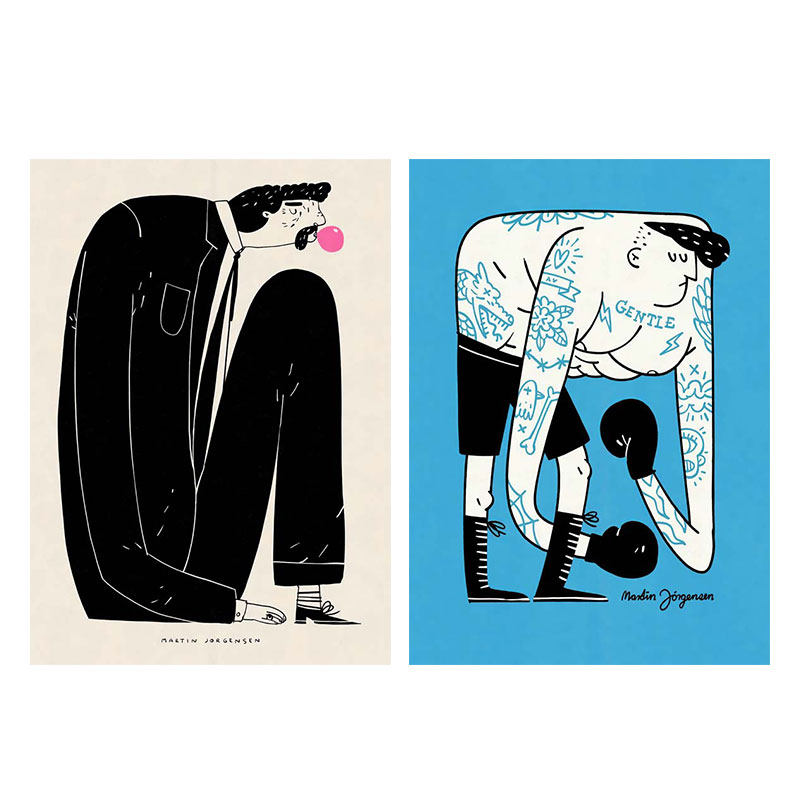 丹麦设计卡通人物拳击手装饰画画芯装饰画背胶油画布打印贴画芯