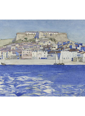 现代简约水彩大海建筑风景装饰画中古风装饰画打印画芯贴画海报
