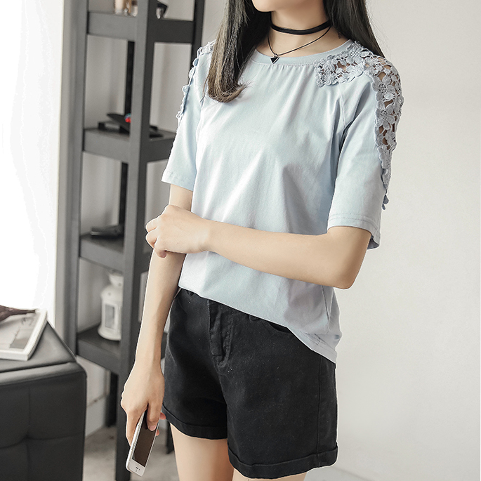 夏装2023新款胖mm勾花镂空加肥加大码女短袖蕾丝t桖女上衣打底衫
