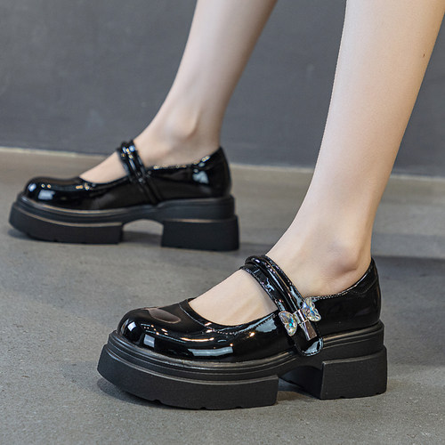 粗跟厚底小皮鞋漆皮浅口玛丽珍鞋