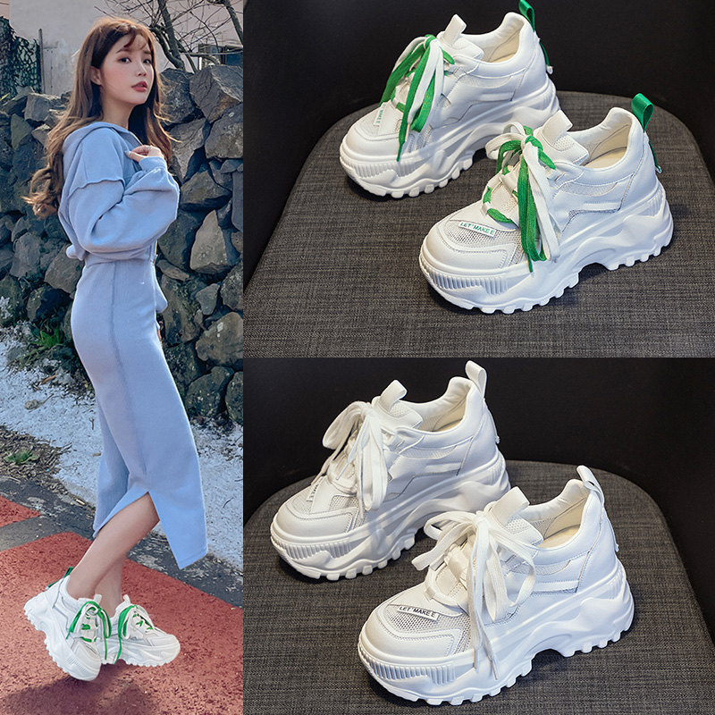 真皮老爹鞋女ins潮夏新款百搭绿色小白鞋网面透气厚底运动休闲鞋