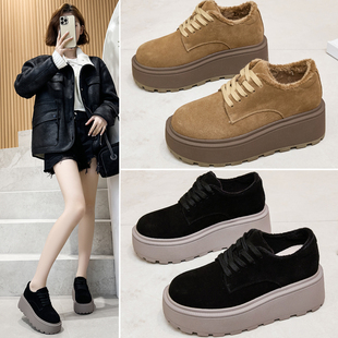 真皮厚底勃肯鞋女内增高秋冬毛毛雪地靴松糕鞋加绒保暖棉鞋乐福鞋