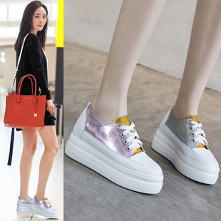 真皮厚底内增高小白鞋女春秋新款网红百搭休闲运动单鞋小码松糕鞋