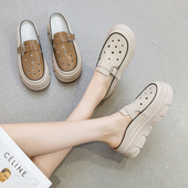 洞洞罗马凉拖 外穿松糕厚底凉鞋 真皮镂空包头半拖鞋 女增高6cm夏季