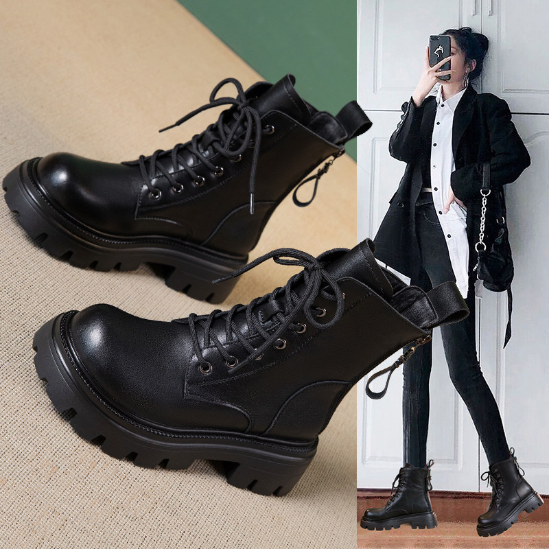 秋冬新款加绒厚底马丁靴女鞋真皮增高短靴中筒切尔西英伦风机车靴
