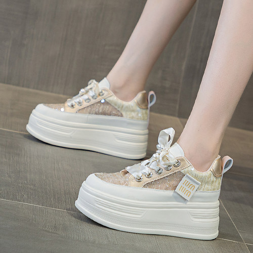 内增高小白鞋亮片厚底松糕网鞋