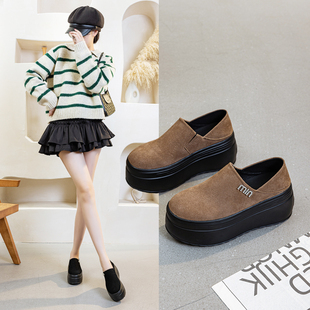 真皮增高两穿勃肯鞋女8cm冬新款显瘦加绒厚底松糕鞋一脚蹬乐福鞋