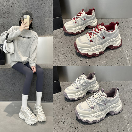 真皮厚底水钻老爹鞋女增高百搭春季新款网红小个子7cm运动休闲鞋