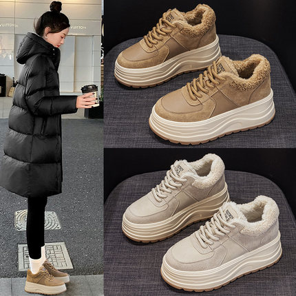 真皮厚底小白鞋女7cm冬新款板鞋加绒加厚棉鞋增高运动休闲毛毛鞋