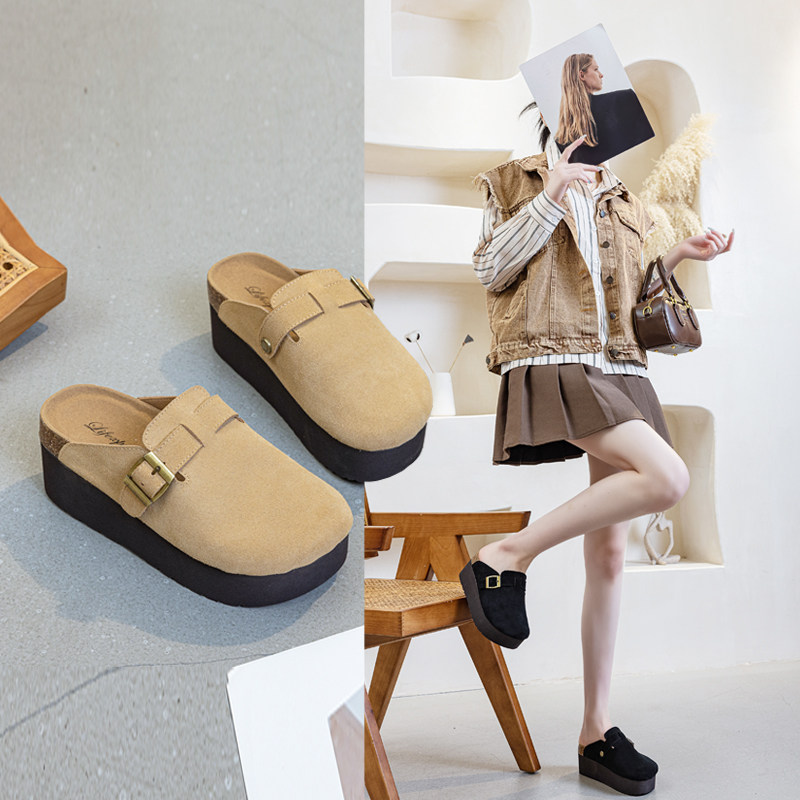 真皮勃肯包头半拖鞋女外穿春夏新款无后跟增高7cm松糕厚底半拖鞋