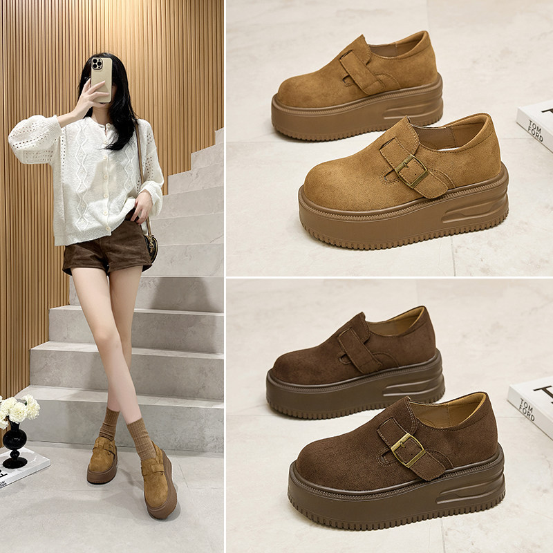 真皮厚底勃肯鞋女6cm秋冬新款百搭松糕豆豆鞋增高厚底加绒乐福鞋