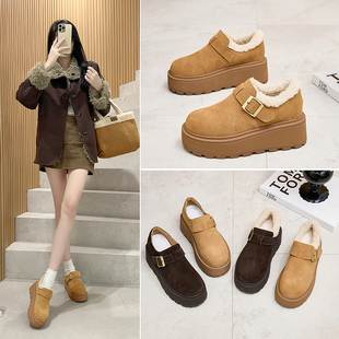 真皮厚底勃肯鞋女增高秋冬雪地靴松糕豆豆鞋加绒保暖棉鞋毛毛短靴