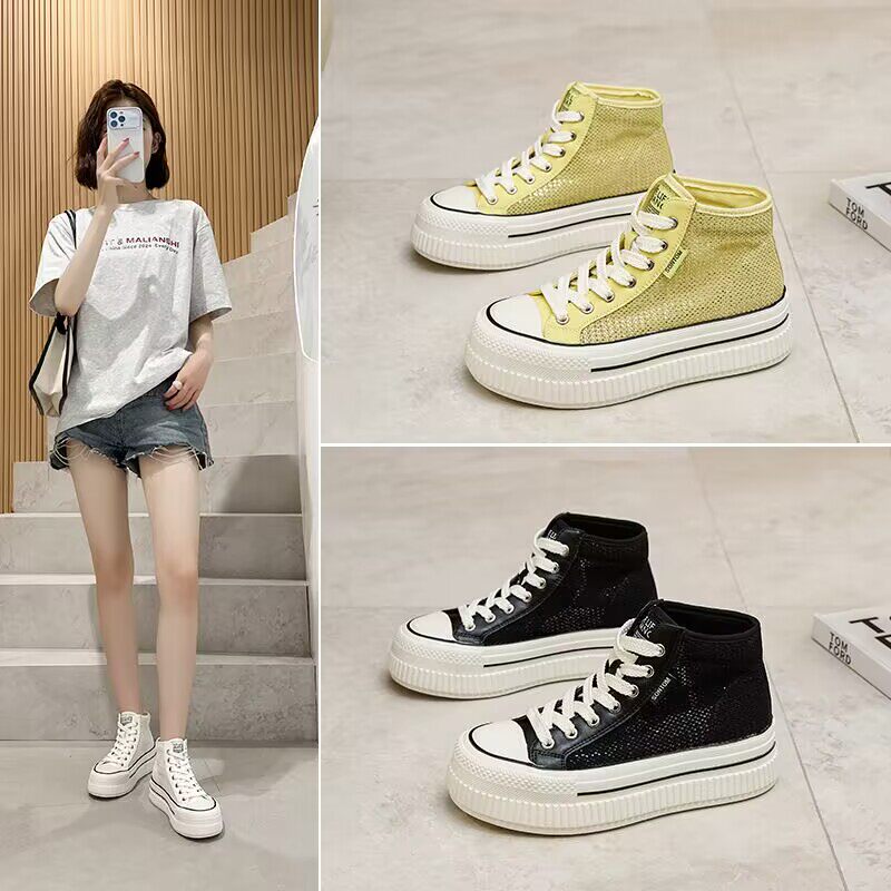 镂空网面透气厚底小白鞋女夏新款百搭增高板鞋轻便运动休闲高帮鞋