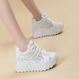 透气水钻松糕厚底百搭7cm运动小白鞋 新款 女夏季 内增高网面休闲鞋
