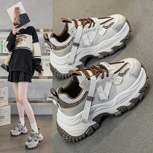 炸街增高6cm松糕运动休闲鞋 真皮厚底水钻爆款 新款 女春季 潮 老爹鞋