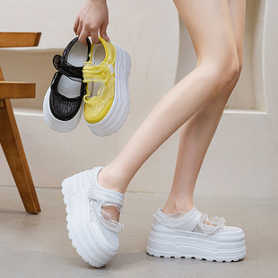 花朵边蕾丝镂空网纱厚底松糕鞋女8cm夏季增高运动休闲玛丽珍凉鞋