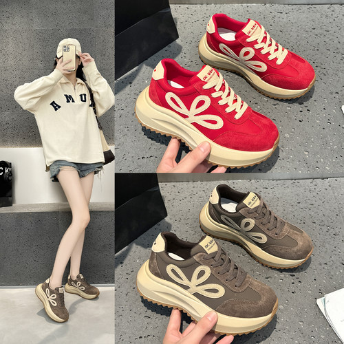 红色老爹鞋女鞋百搭秋华夫阿甘鞋