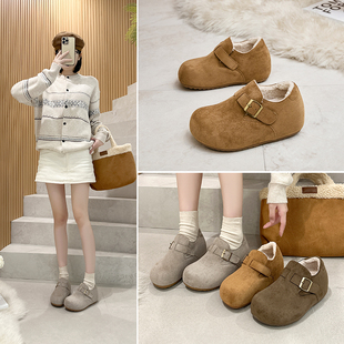 真皮时尚厚底勃肯鞋女6cm秋冬新款增高乐福鞋松糕豆豆鞋加绒棉鞋