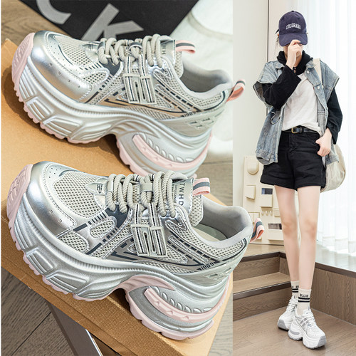 爆款时尚厚底老爹鞋透气增高小白