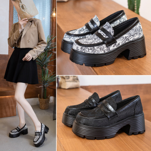 国风厚底高跟乐福鞋 真皮粗跟刺绣小皮鞋 增高7cm新中式 新款 女春季