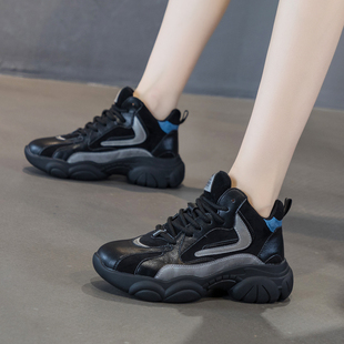 网红加绒休闲运动鞋 女ins潮2023秋冬新款 老爹鞋 真皮厚底高帮爆款