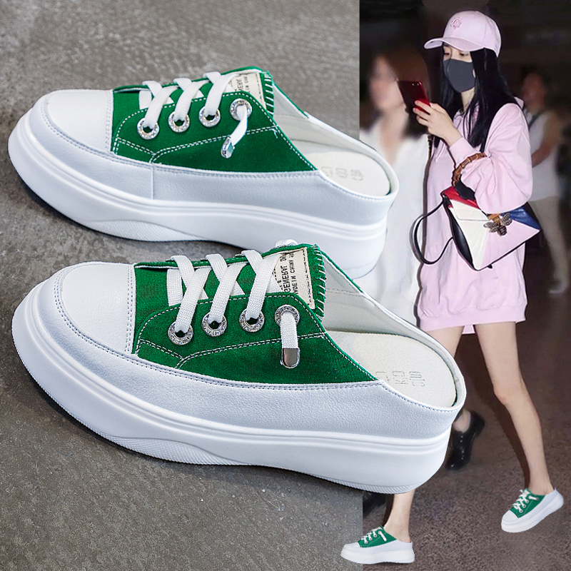 帆布包头半拖鞋外穿凉拖内增高