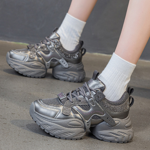 轻便百搭潮增高运动休闲鞋 真皮炸街水钻厚底老爹鞋 女7cm夏秋新款