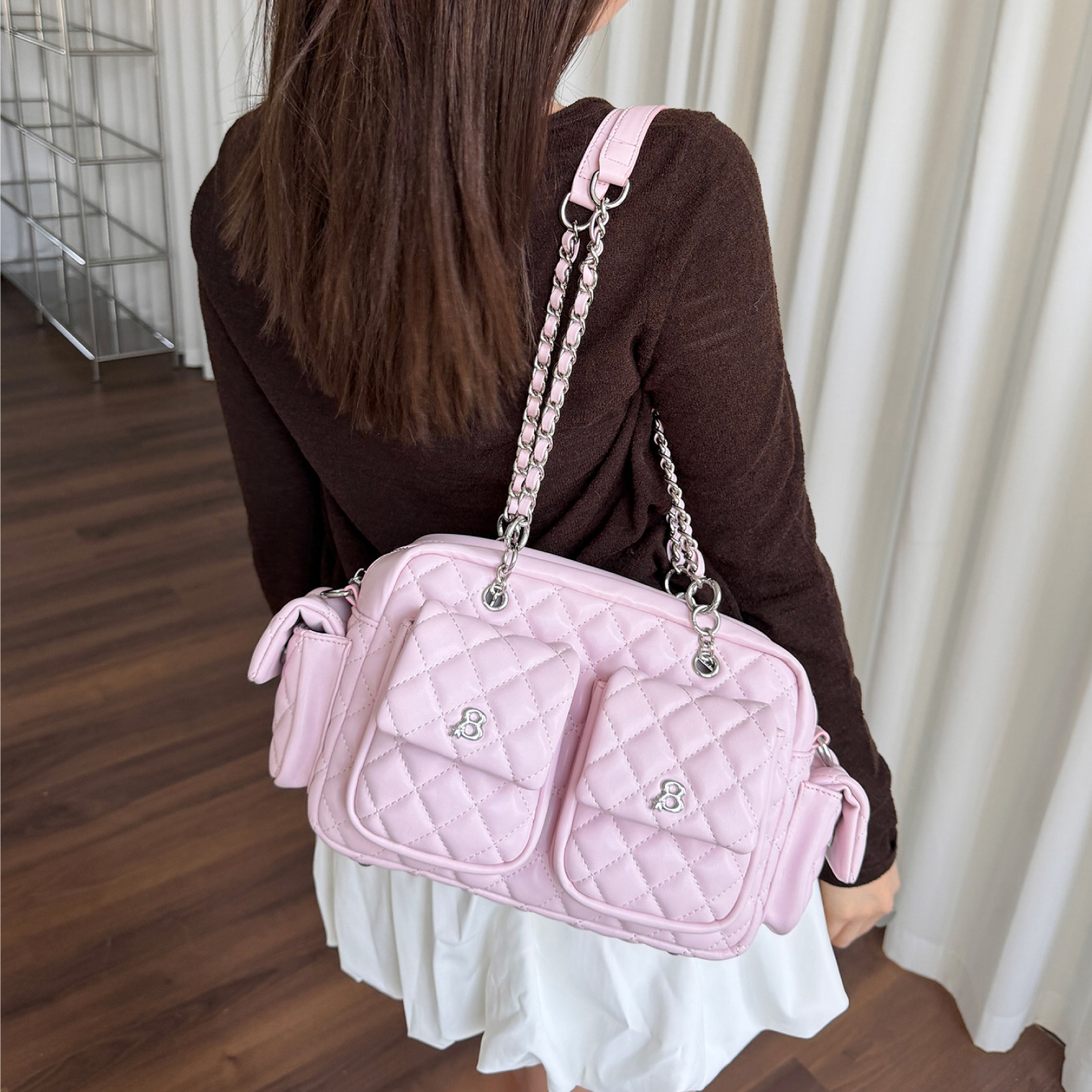 樱花限定 2801&ldquo;黑道千金&rdquo;甜酷菱格纹多口袋斜挎机车包小香风