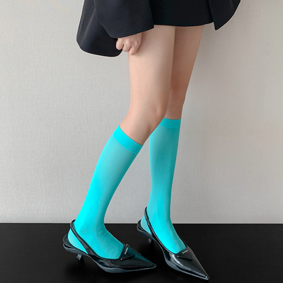 彩色天鹅绒小腿袜女春秋薄款y2k蓝色中筒袜多巴胺绿色弹力堆堆袜