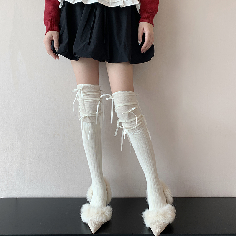 过膝袜女芭蕾风白色蝴蝶结y2k灰色高筒长筒袜秋冬护膝黑色堆堆袜