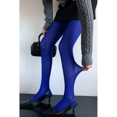 宝石蓝色连裤袜女秋冬季辣妹y2k彩色多巴胺穿搭竖条藏青打底裤袜