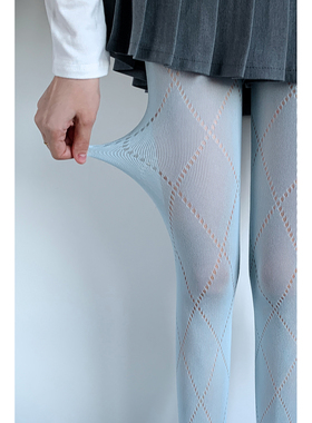 蓝色大菱格美式丝袜女春秋款辣妹性感镂空打底袜千禧y2k连裤袜DF