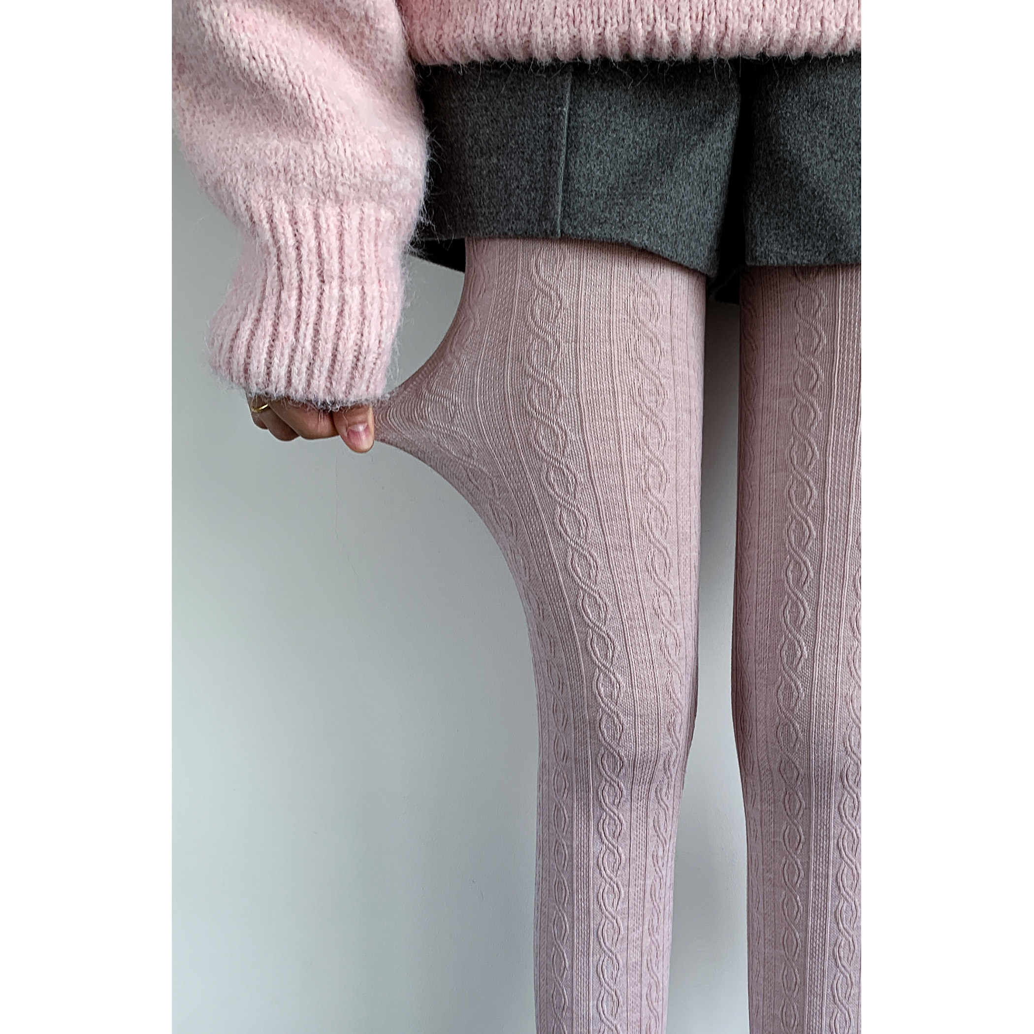 粉色棉麻花纹连裤袜女春秋款竖条纹奶白色显瘦不掉档彩色打底裤袜