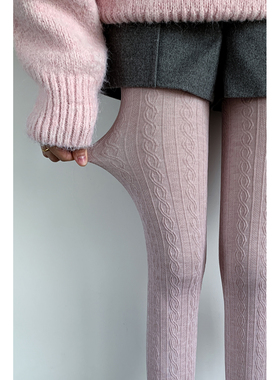 粉色棉麻花纹连裤袜女春秋款竖条纹奶白色显瘦不掉档彩色打底裤袜