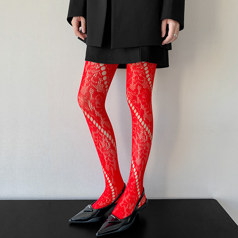 美式复古大红色连裤袜镂空斜纹藤蔓蕾丝丝袜女春秋个性破洞渔网袜