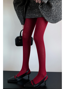 圣诞节红色氛围感连裤袜女秋冬本命年喜庆棉竖条螺纹显瘦打底裤袜