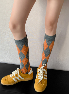 彩色复古菱格小腿袜女中筒春秋款长袜个性橙色学院风白色堆堆袜子