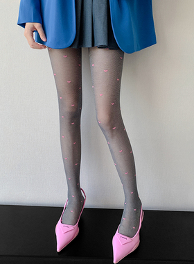Y2K辣妹纯欲风丝袜女春秋灰色芭蕾风个性银丝爱心提花打底连裤袜