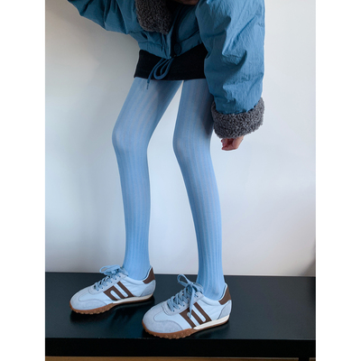 浅蓝色竖条纹连裤袜女春秋款显瘦微压天鹅绒丝袜高弹彩色打底裤袜