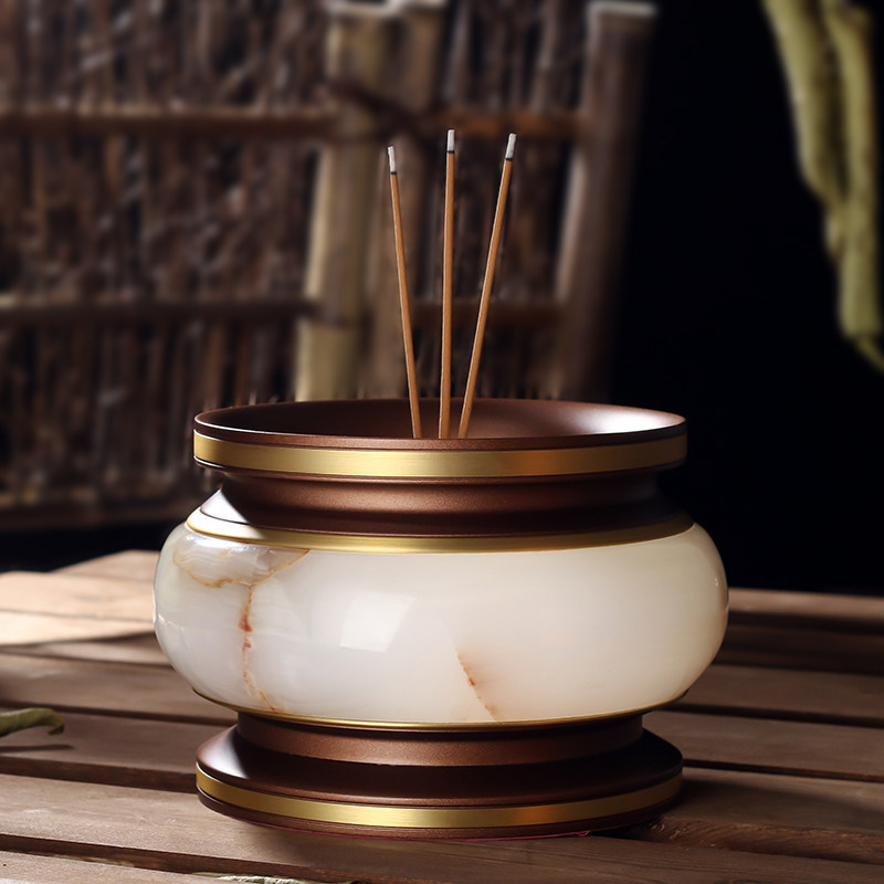 白玉镶铜供佛香炉玉石插香炉家用室内供奉上香烧香的香炉佛具用品