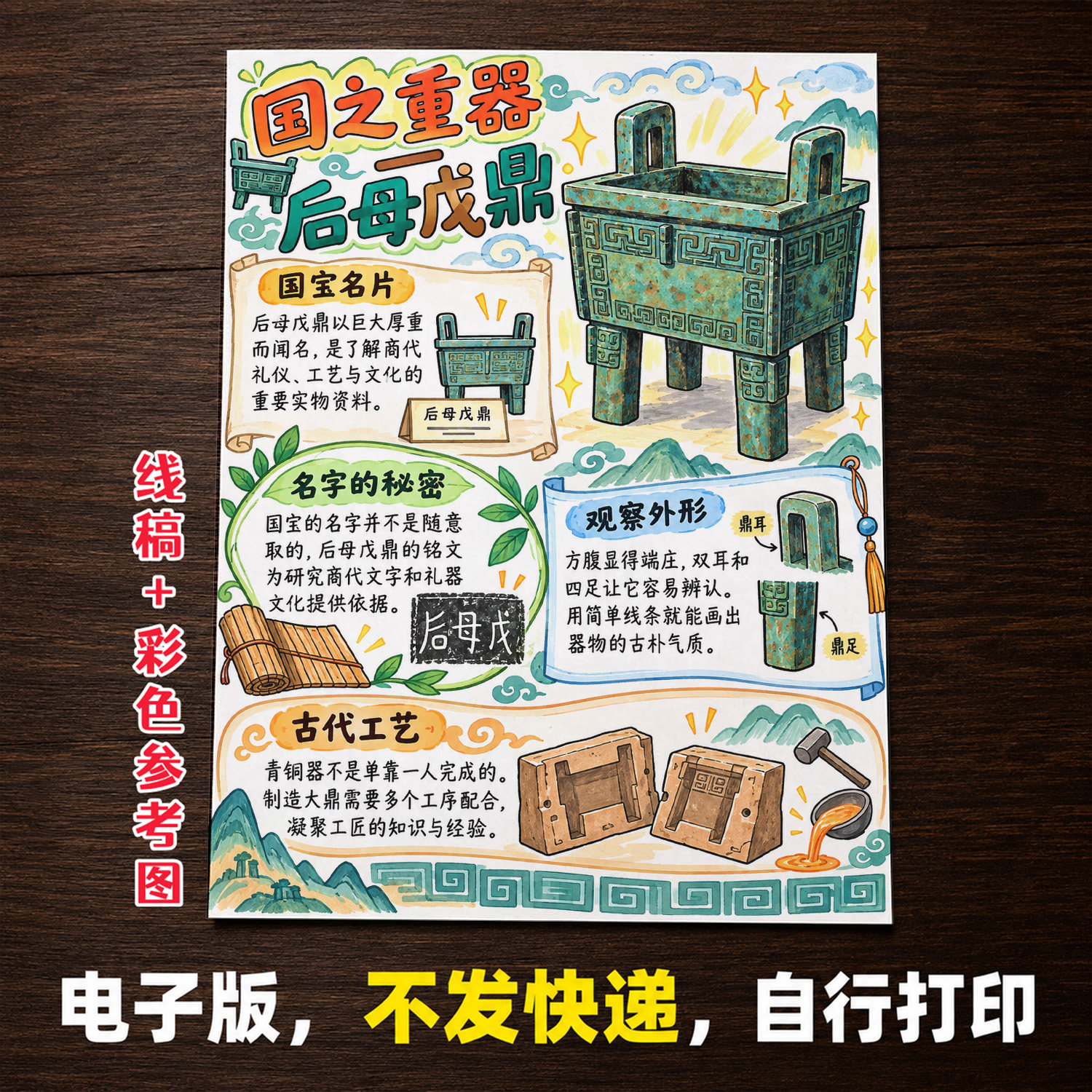 国之重器后母戊鼎手抄报小学生手抄报模板大全线稿可打印A1785