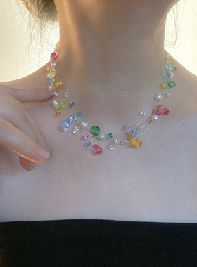 水晶多层彩色串珠不规则锁骨项链