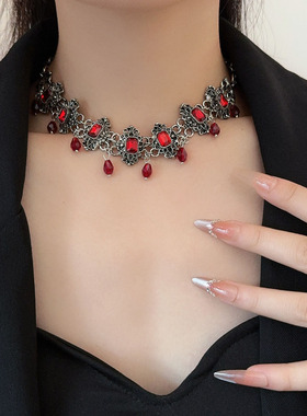 暗黑哥特choker红色水晶流苏项链