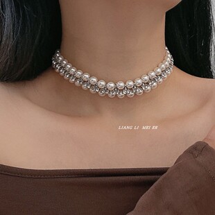 复古镶钻编织排钻珍珠多层项链女气质颈链choker短款项圈新娘配饰