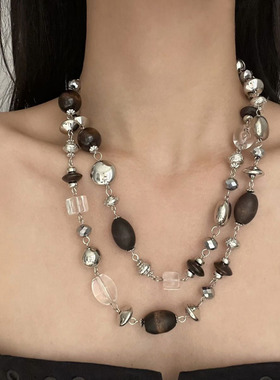 复古金属亚克力混搭水晶双层项链