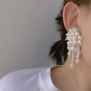 法式冷淡风个性夸张流苏耳钉串珠珍珠耳环礼服气质耳夹耳饰